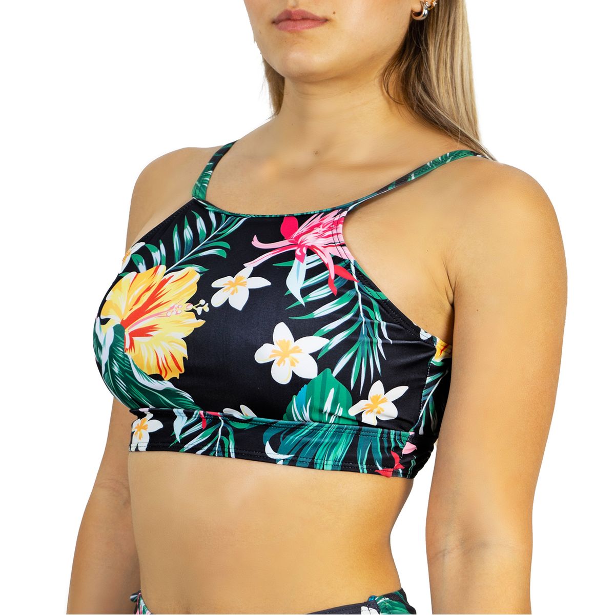 HIPSY SWIMWEAR - Top Halter Deportivo Negro estampado