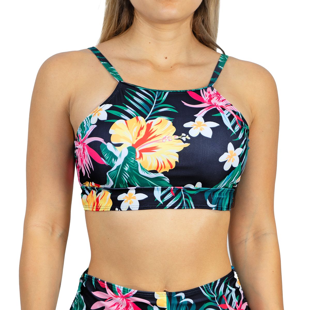 HIPSY SWIMWEAR - Top Halter Deportivo Negro estampado