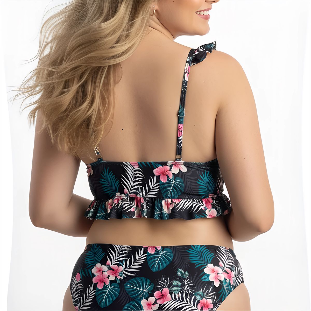 HIPSY SWIMWEAR - Top Bikini Mujer Tropical Ruffle Negro