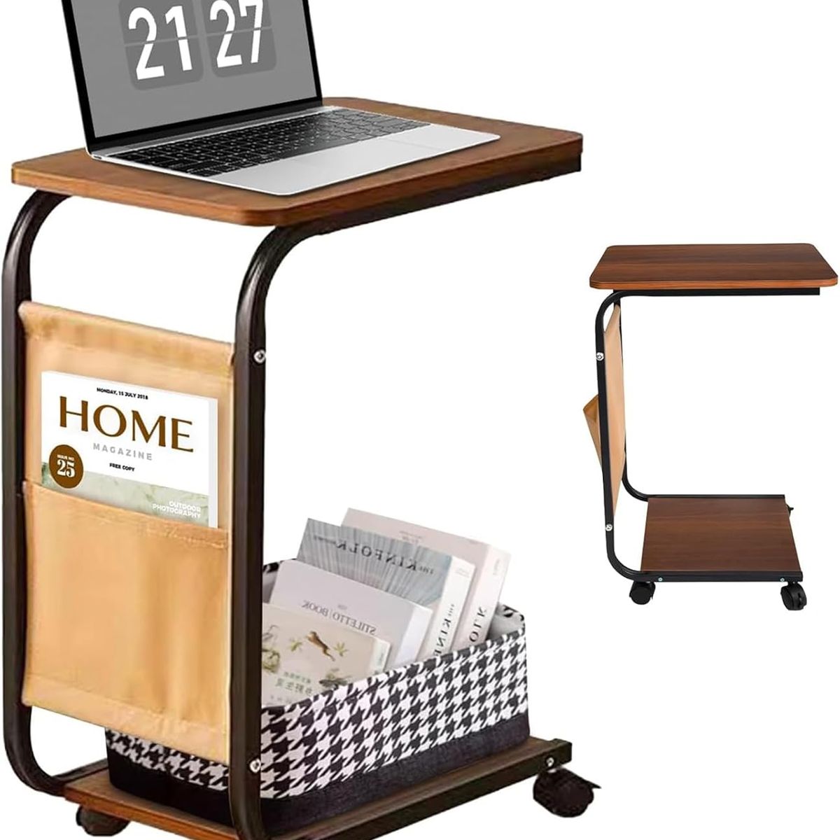 KUANGYE - Mesa Auxiliar Latera De Madera Con Ruedas Mesita Notebook