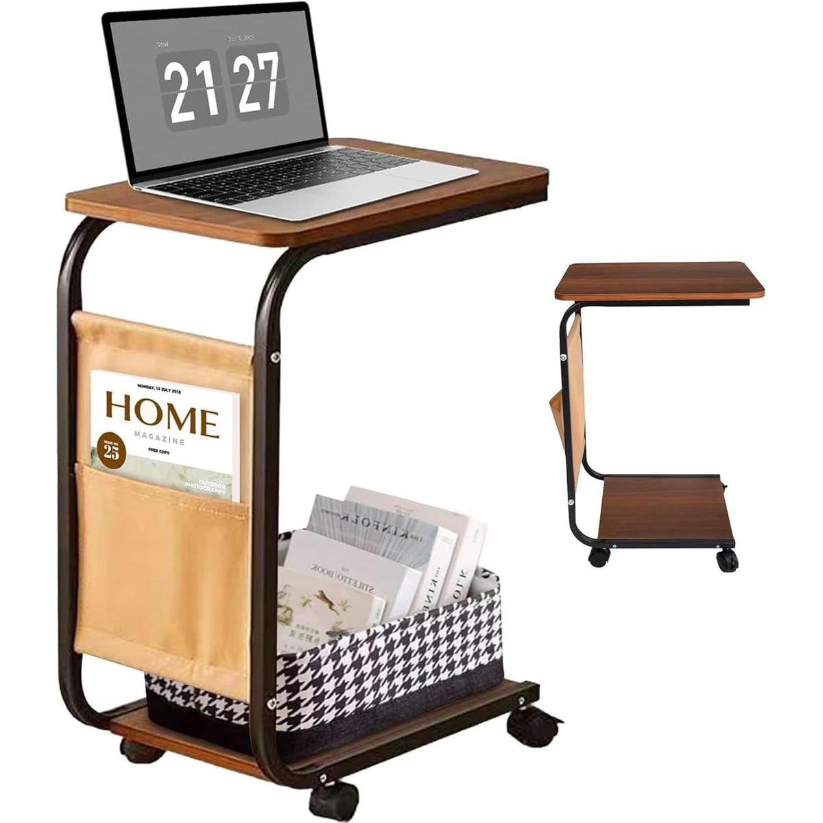 KUANGYE - Mesa Auxiliar Latera De Madera Con Ruedas Mesita Notebook