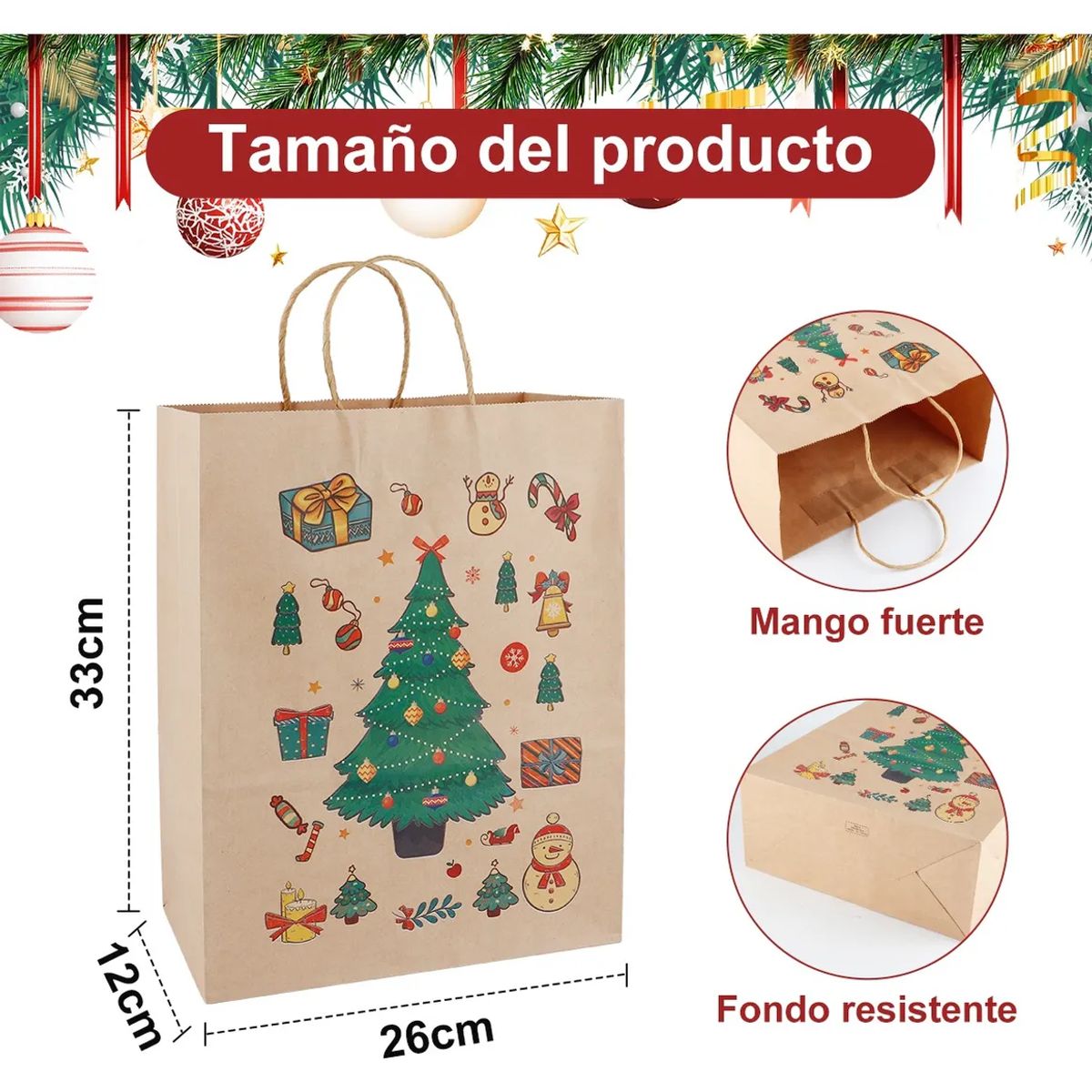 SUPERCENTER - 12 Bolsas De Regalonavidad 33x26x12cm Navidad Pascua Bolsa de papel kraft navideña