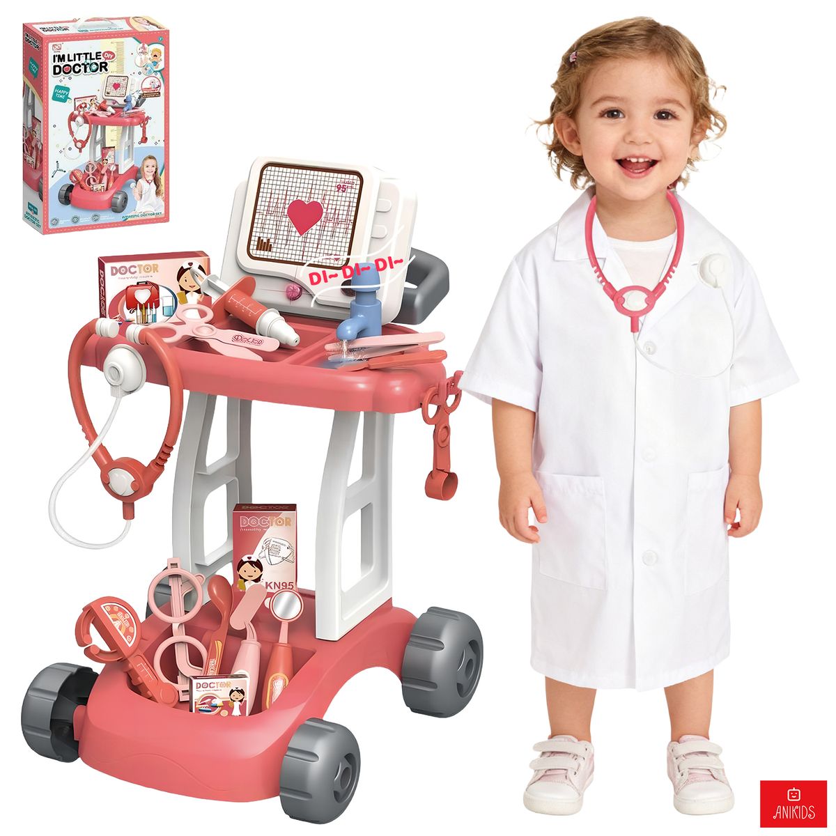 ANIKIDS - Juguete Carrito Médico Juego Doctor Niños Luz Agua 14 Piezas Rosa
