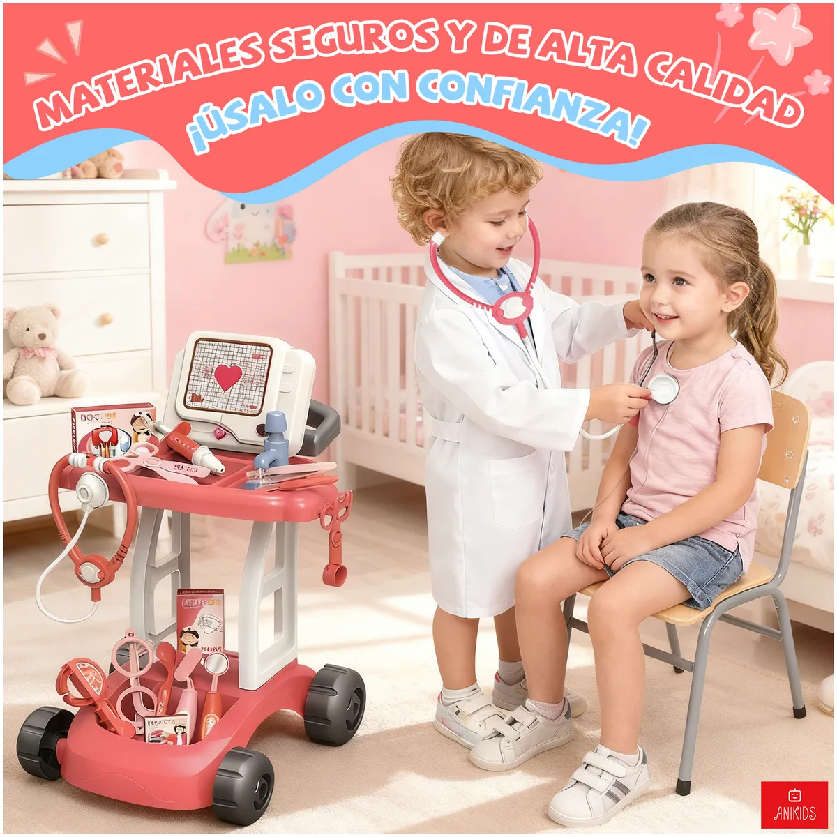 ANIKIDS - Juguete Carrito Médico Juego Doctor Niños Luz Agua 14 Piezas Rosa