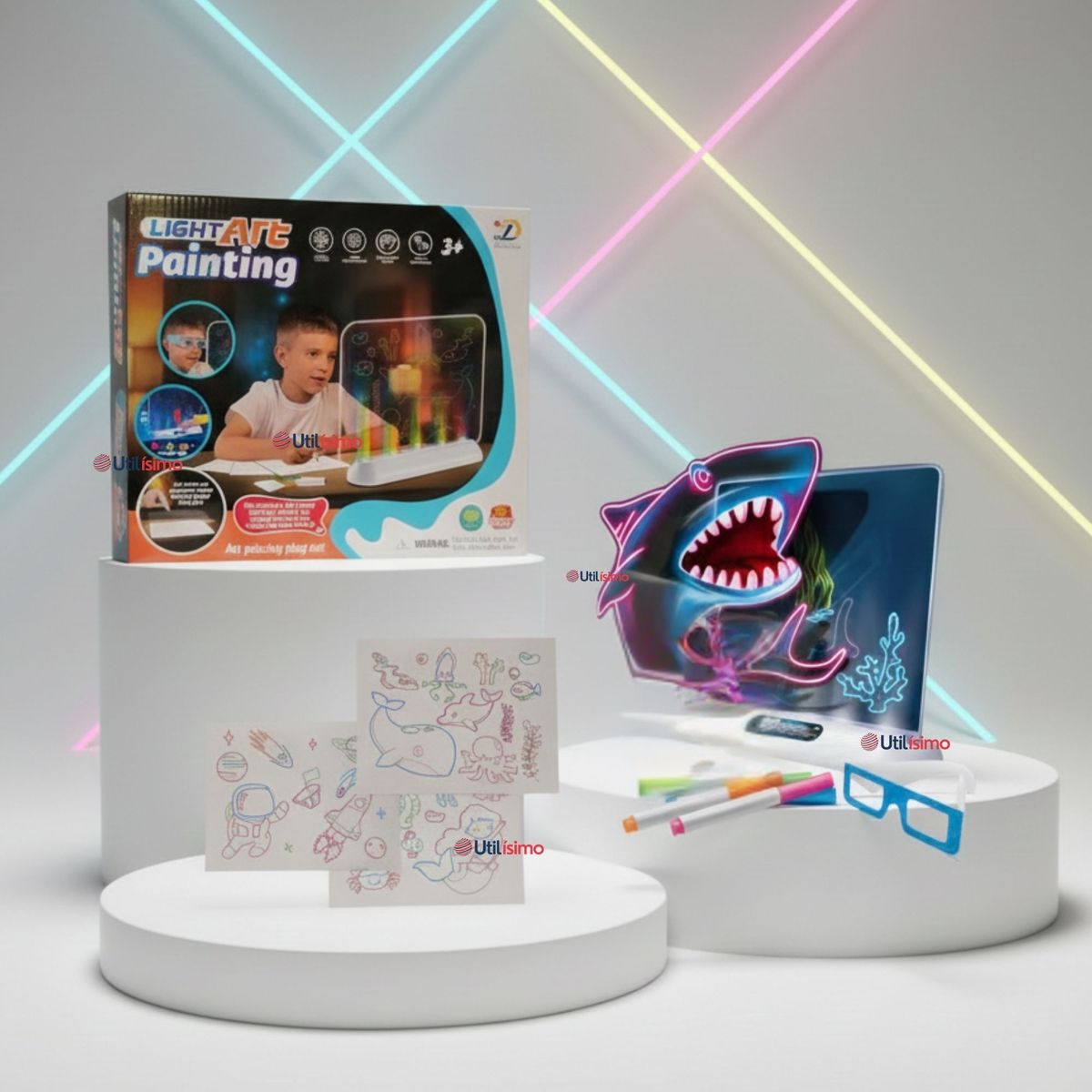 UTILISIMO - Pizarra Mágica Luz Led 3D Niño o Niña con Plantillas de Dibujos