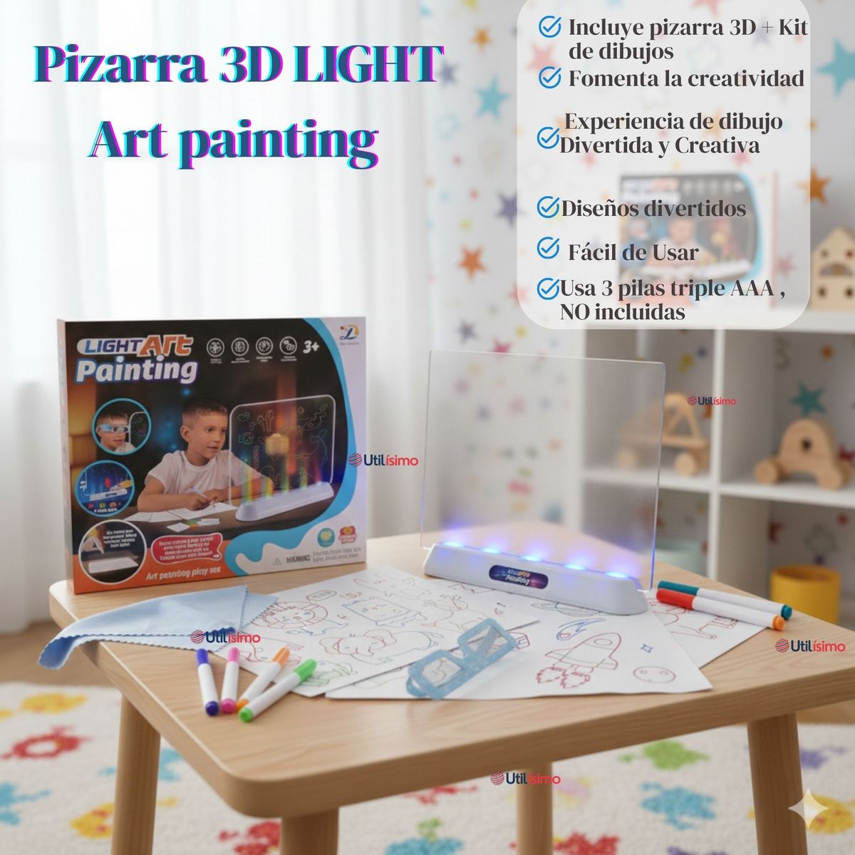 UTILISIMO - Pizarra Mágica Luz Led 3D Niño o Niña con Plantillas de Dibujos