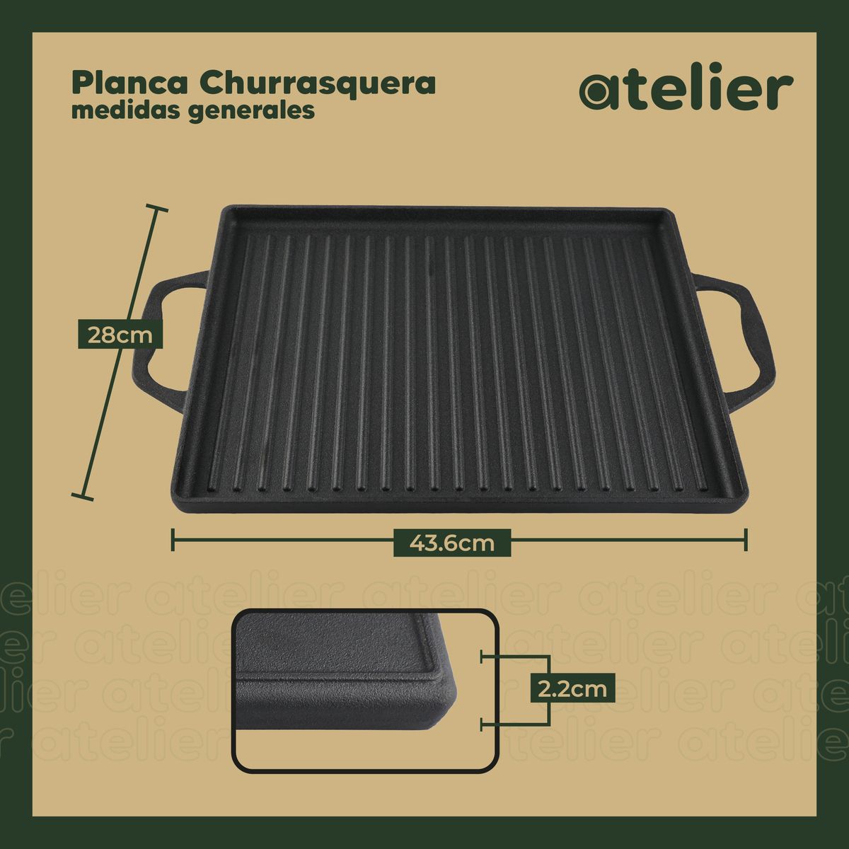 HOMELY - Plancha Churrasquera Hierro Fundido Atelier Cocina Reversible 2 en 1