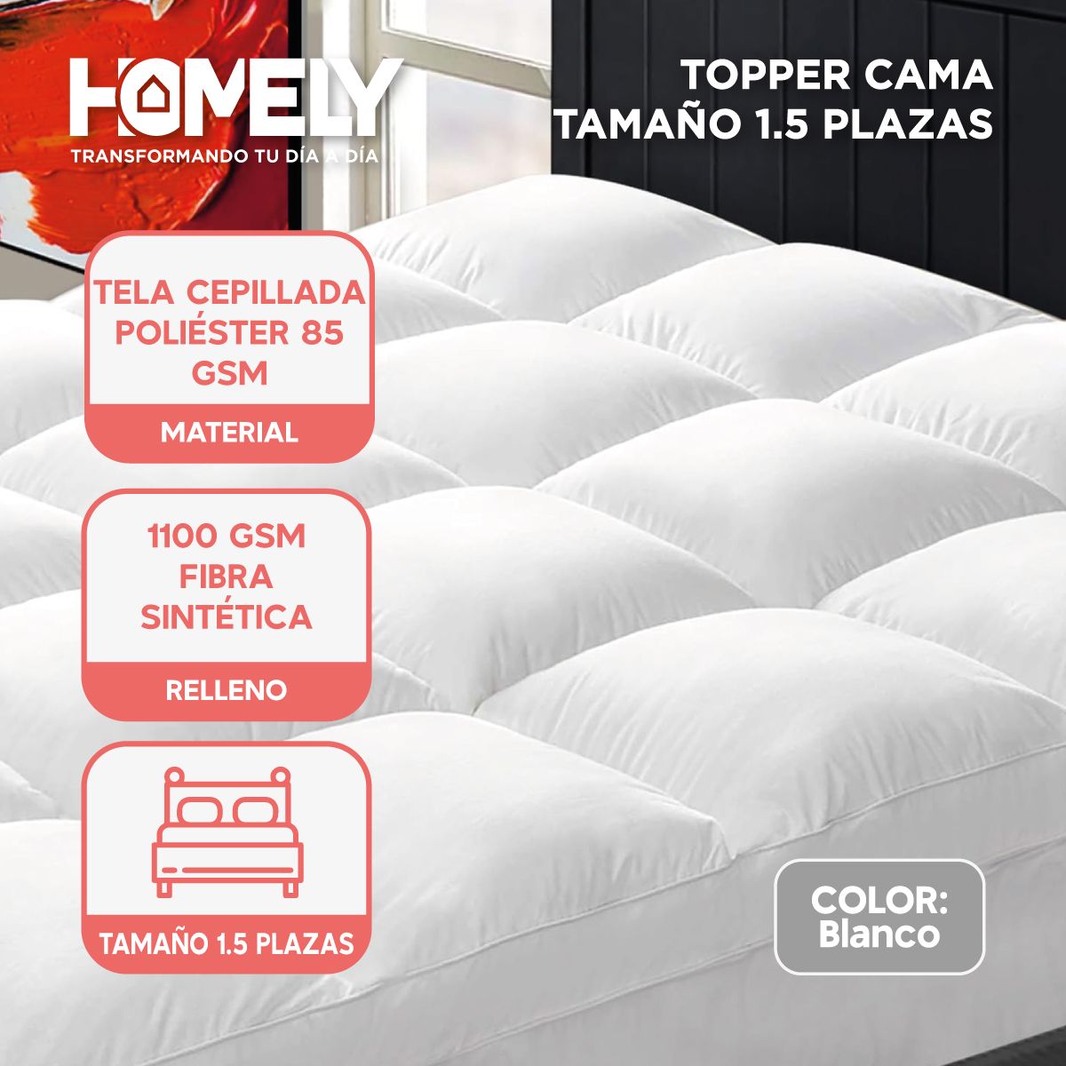 HOMELY - Topper Cubre Colchon 1.5 Plazas Homely Acolchado Eslastico Premium