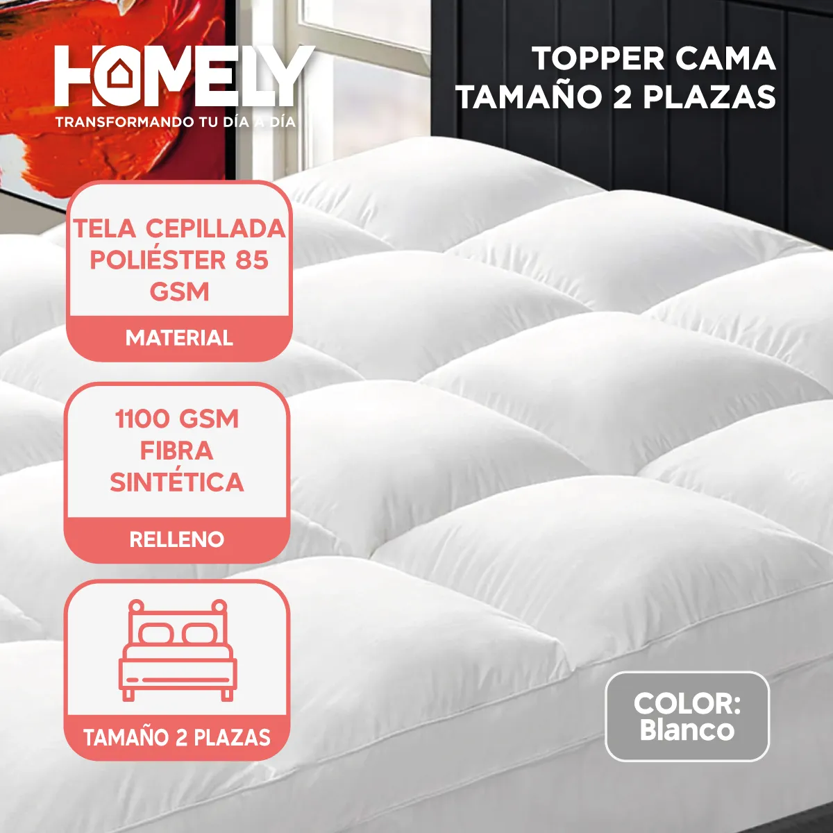 HOMELY - Topper Cubre Colchon 2 plazas Homely Acolchado Eslastico Premium