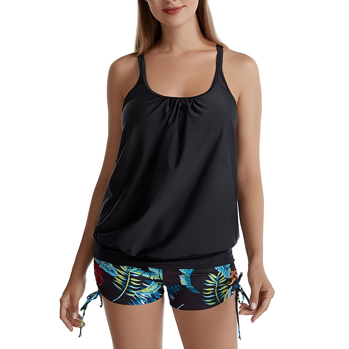 HIPSY SWIMWEAR - Tankini Mujer tiro alto short sport Black Hojas