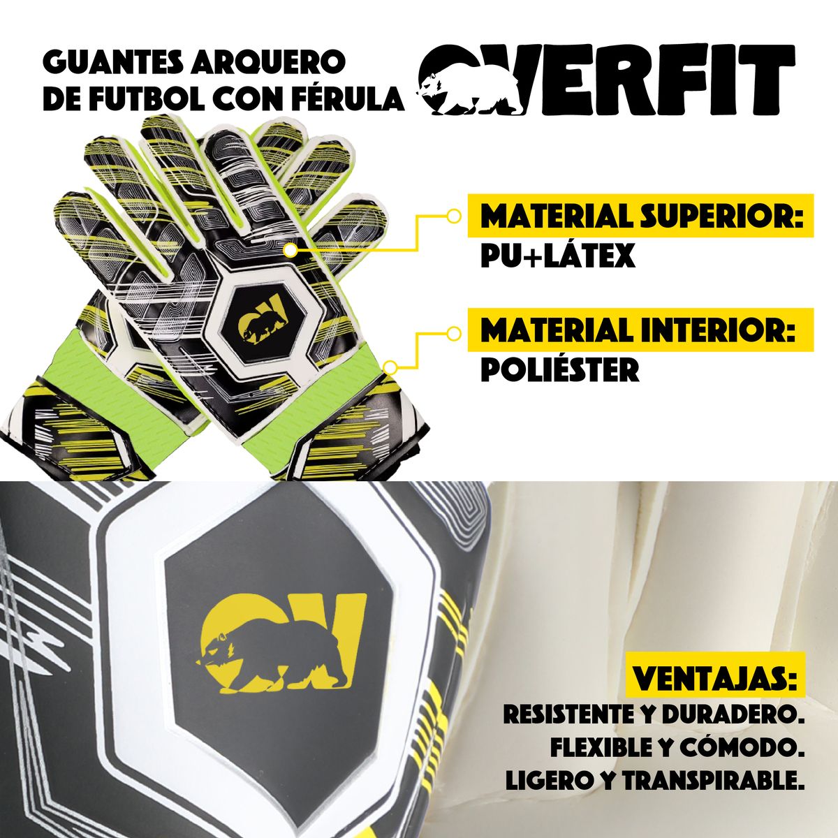 OVERFIT - Guantes de Arquero Futbol Overtfit Ferula Latex Antideslizante Talla L
