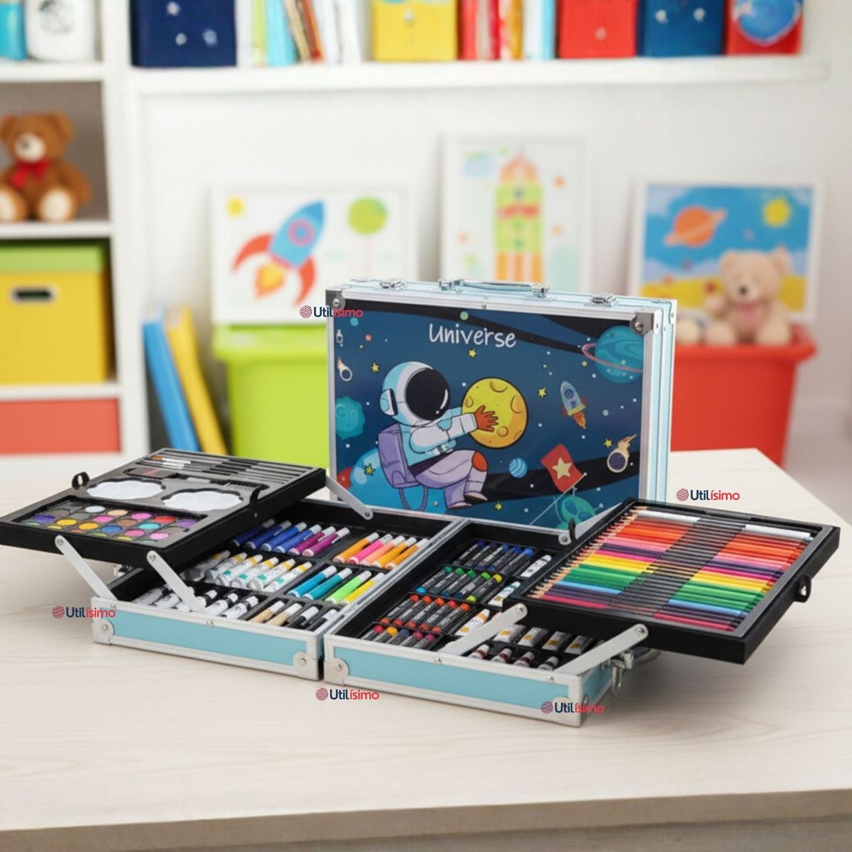 UTILISIMO - Set 145 Piezas Arte Infantil Dibujo Maletín Metálico Completo Lápices Marcadores Pinturas Pasteles Y Accesorios