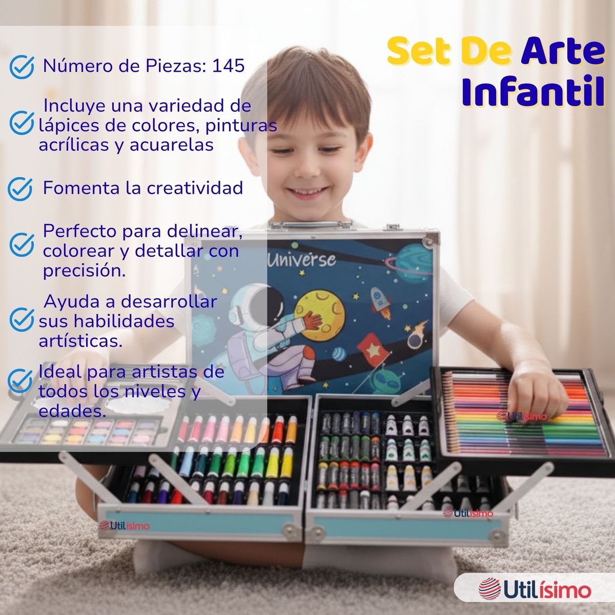 UTILISIMO - Set 145 Piezas Arte Infantil Dibujo Maletín Metálico Completo Lápices Marcadores Pinturas Pasteles Y Accesorios