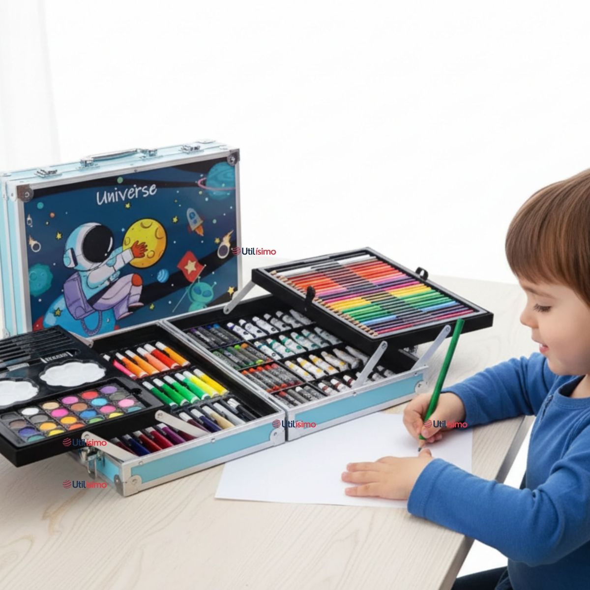 UTILISIMO - Set 145 Piezas Arte Infantil Dibujo Maletín Metálico Completo Lápices Marcadores Pinturas Pasteles Y Accesorios