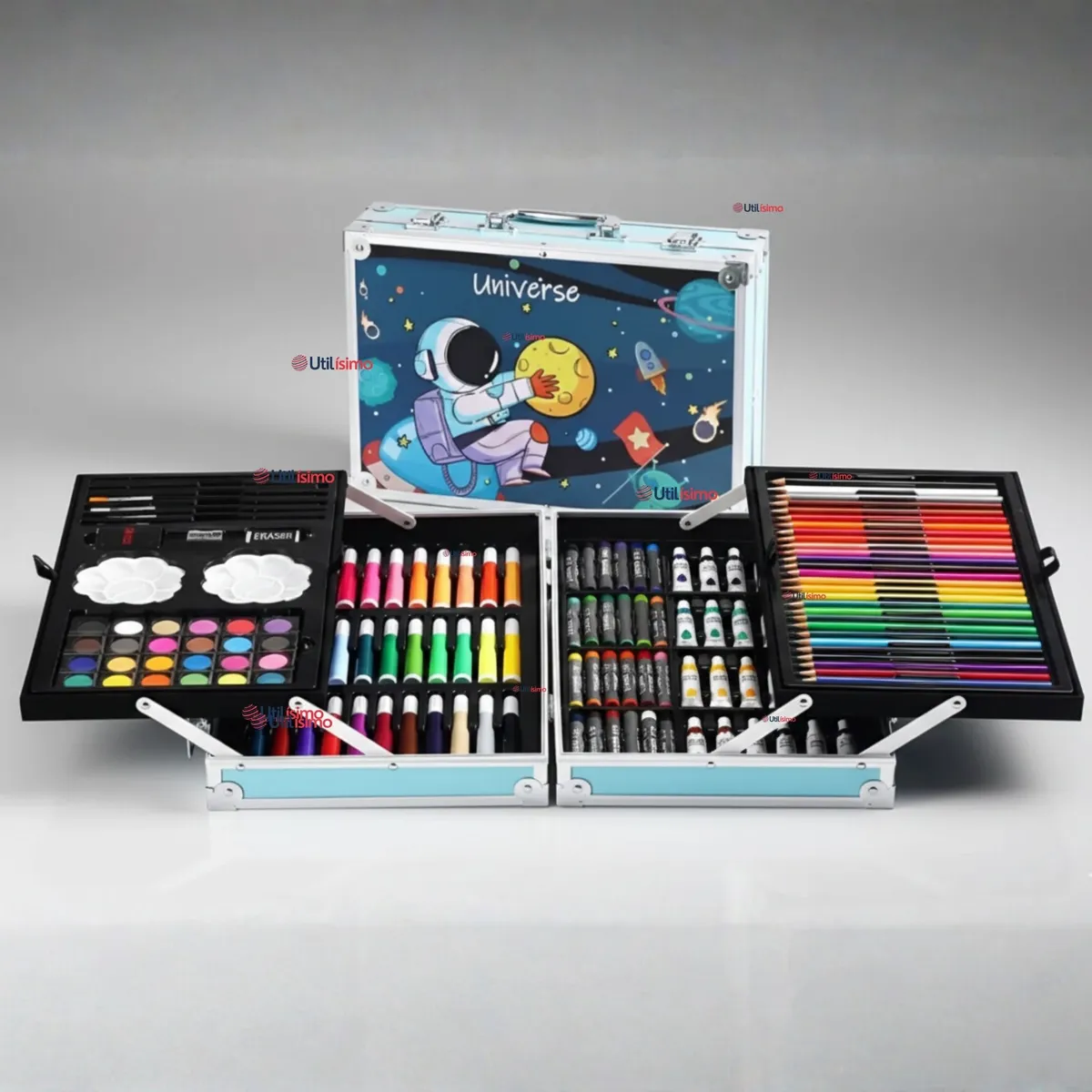 UTILISIMO - Set 145 Piezas Arte Infantil Dibujo Maletín Metálico Completo Lápices Marcadores Pinturas Pasteles Y Accesorios