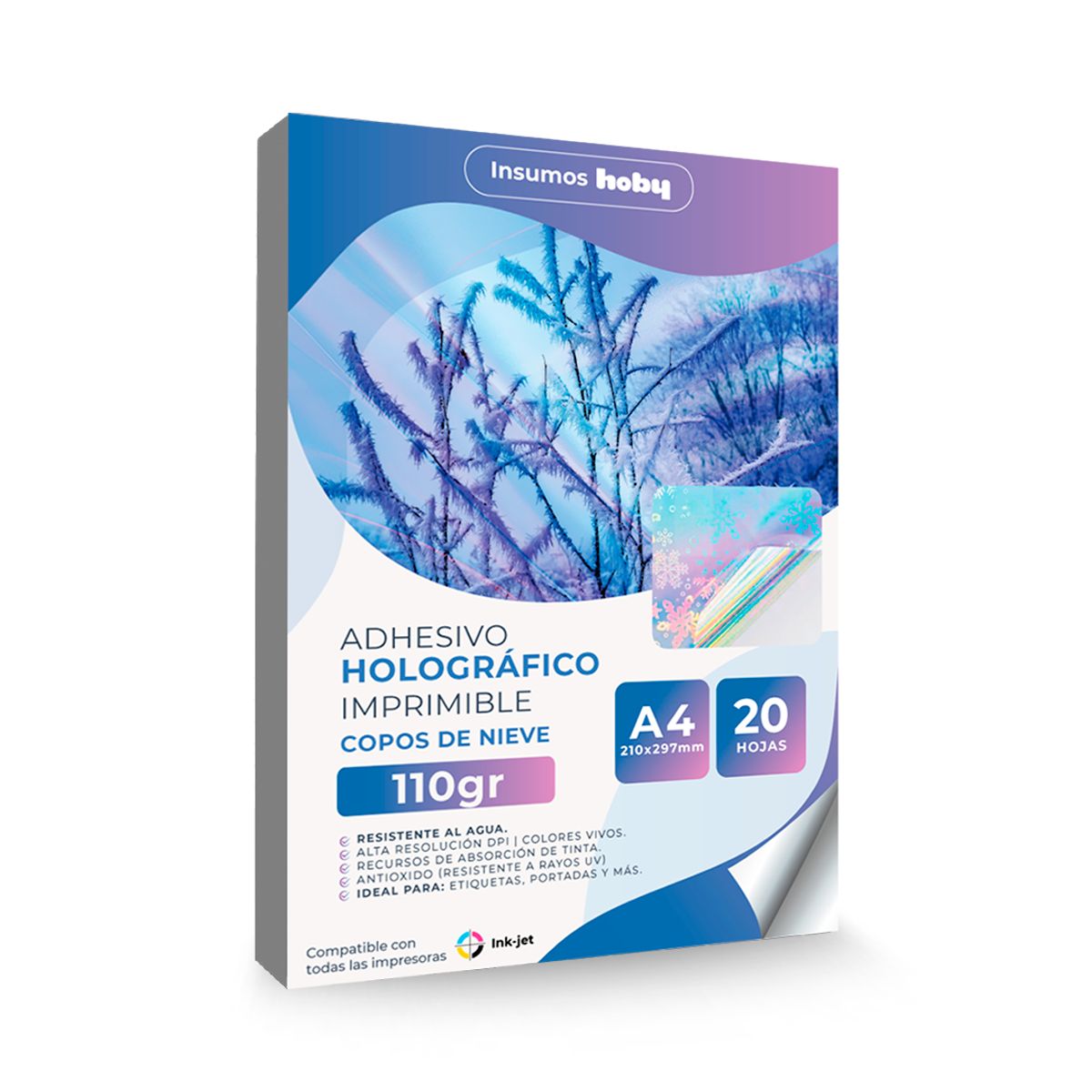 GENERICO - Papel Adhesivo Holográfico Premium 110g / 20 hojas Imprimible Inkjet - Copos de nieve