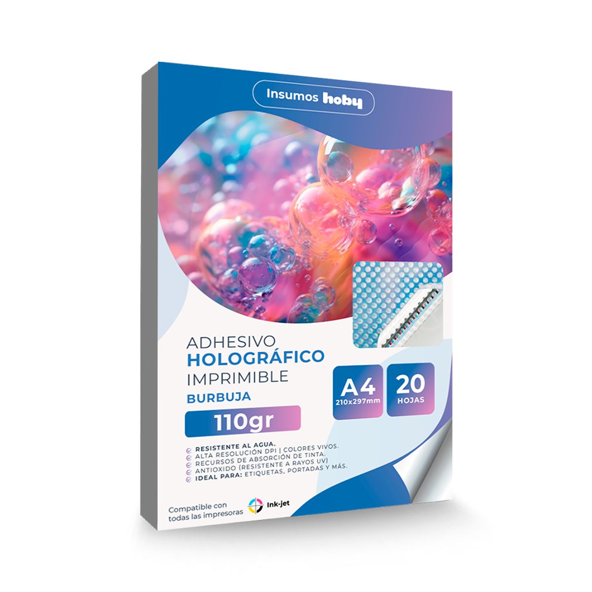GENERICO - Papel Adhesivo Holográfico Premium 110g / 20 hojas Imprimible Inkjet - Burbujas