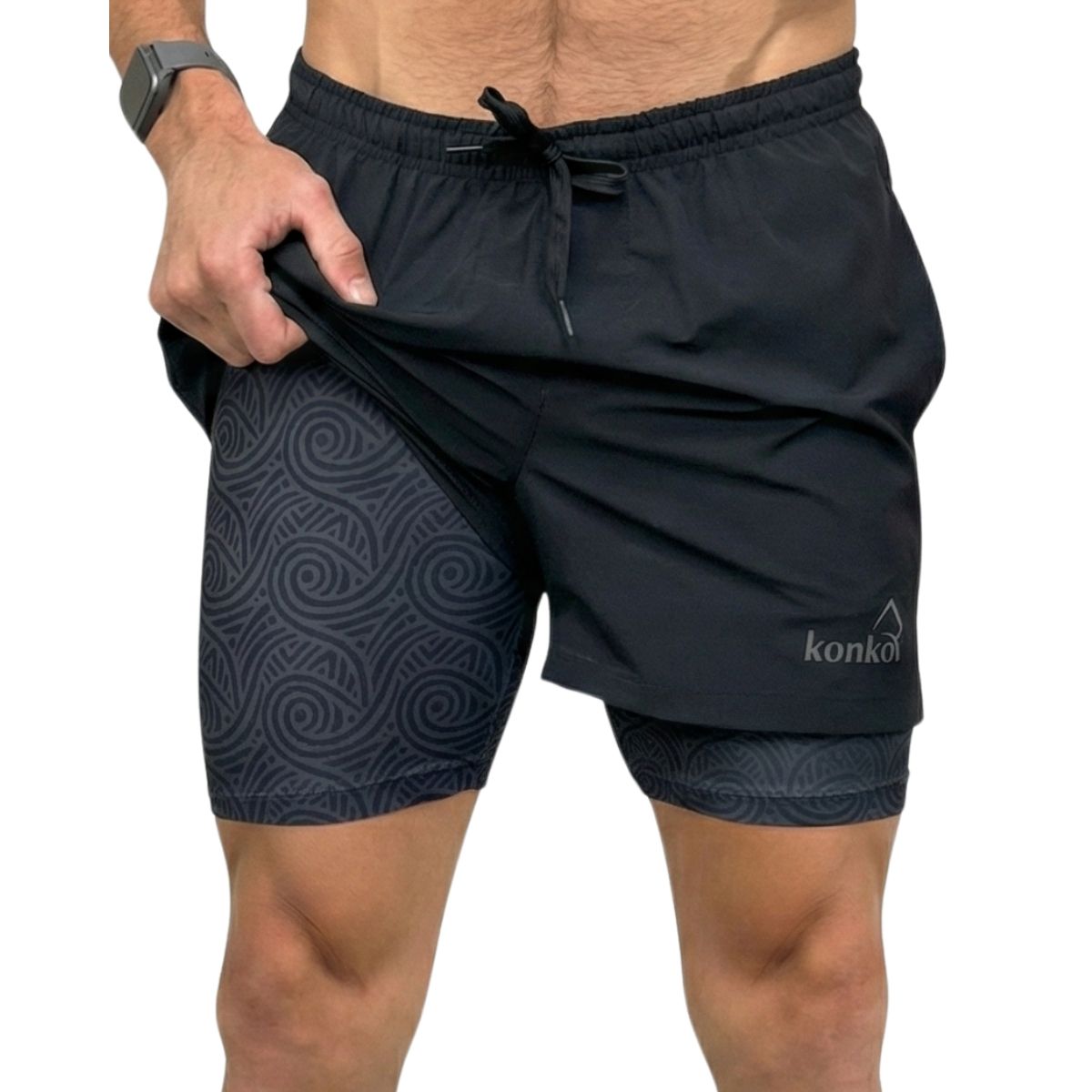 KONKO ACTIVE - Short Deportivo Hombre Con Calza 2 en 1 Doble Capa Negro Perfect Black Bali Konko
