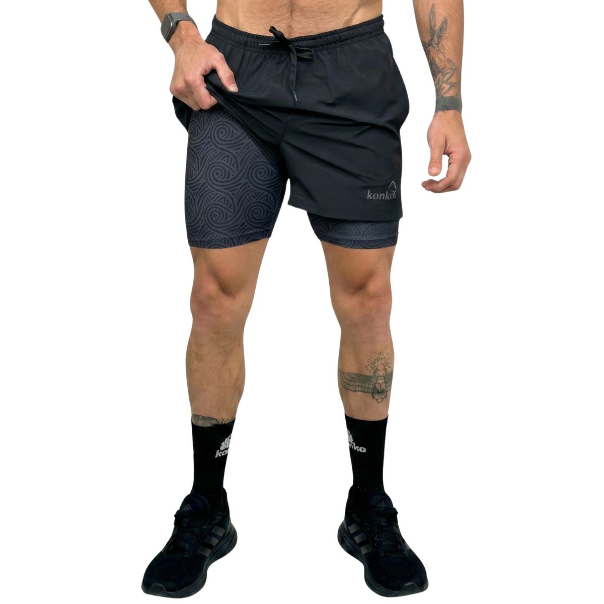 KONKO ACTIVE - Short Deportivo Hombre Con Calza 2 en 1 Doble Capa Negro Perfect Black Bali Konko