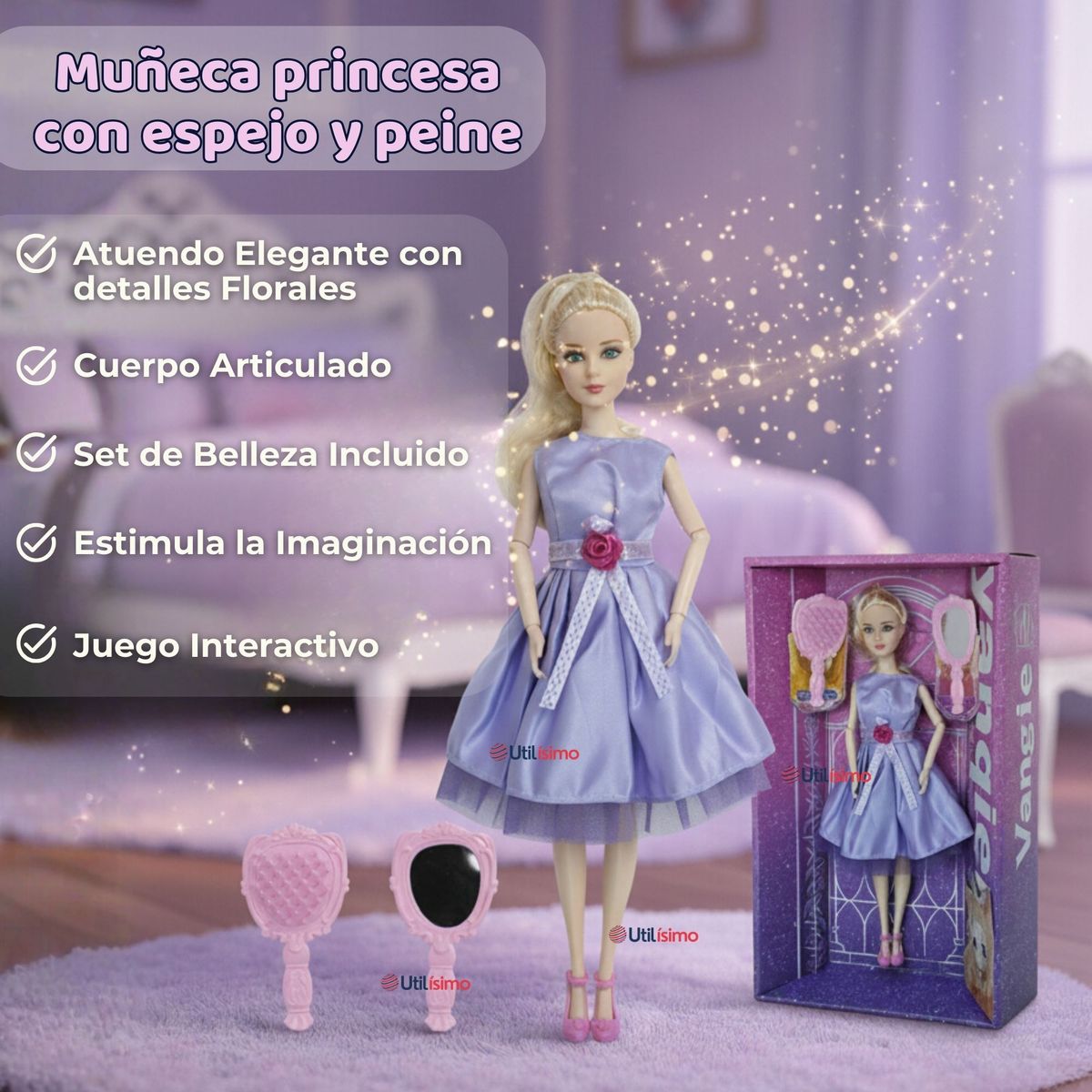 UTILISIMO - Set de Juego Muñeca Princesa Con Espejo Y Peine