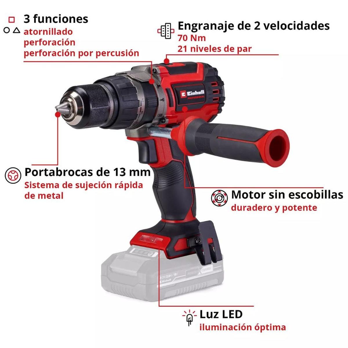 EINHELL - Taladro Percutor Inalámbrico Einhell TP-CD 18/70 Li-i BL - Solo - Sin Batería