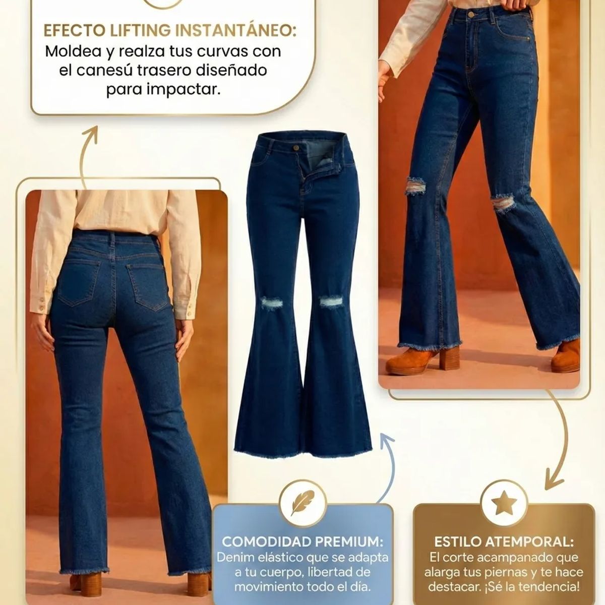 BOVINITA - Jeans Mujer Bota Campana Rotos Tiro Alto Azul oscuro Casual