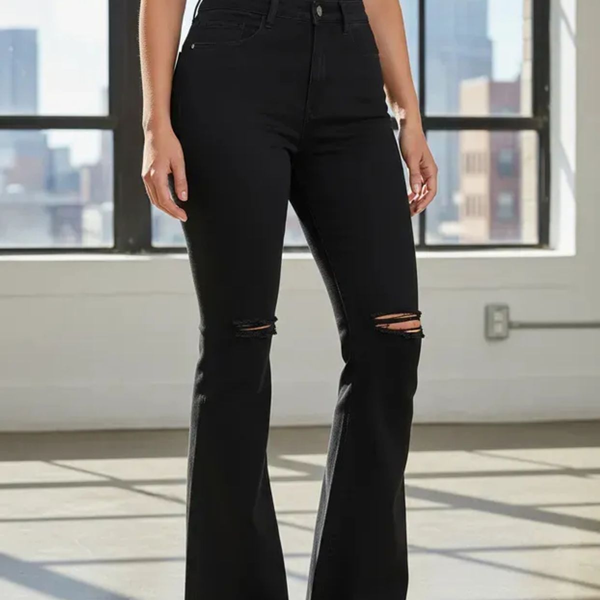 BOVINITA - Jeans Mujer Bota Campana Rotos Tiro Alto Negro Casual