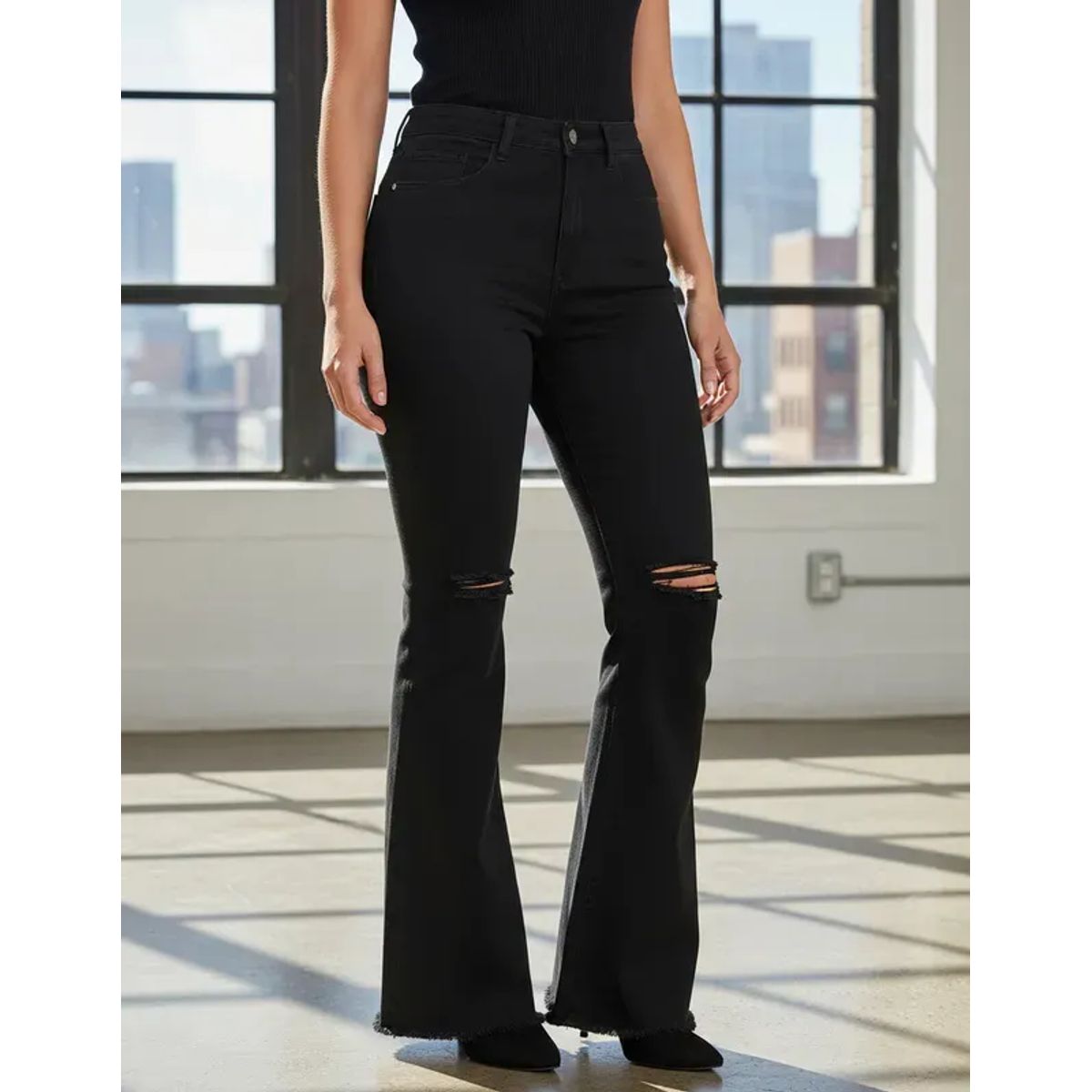 BOVINITA - Jeans Mujer Bota Campana Rotos Tiro Alto Negro Casual