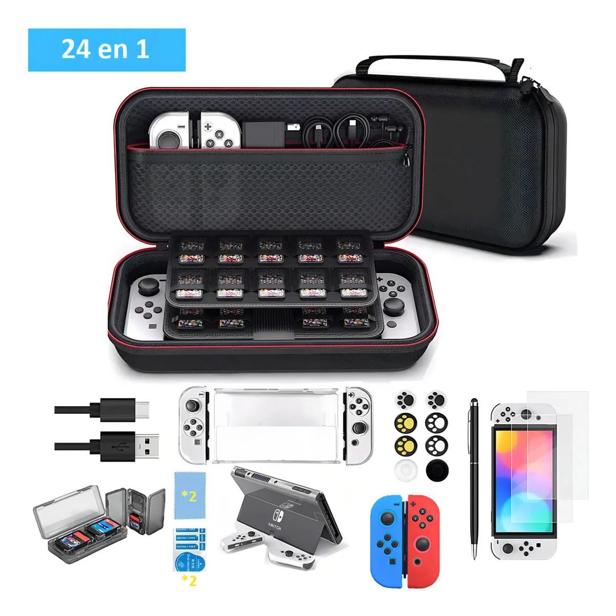 GENERICO - Estuche 24 en 1 para Nintendo Switch Oled Con Lápiz Capacitivo Color Negro