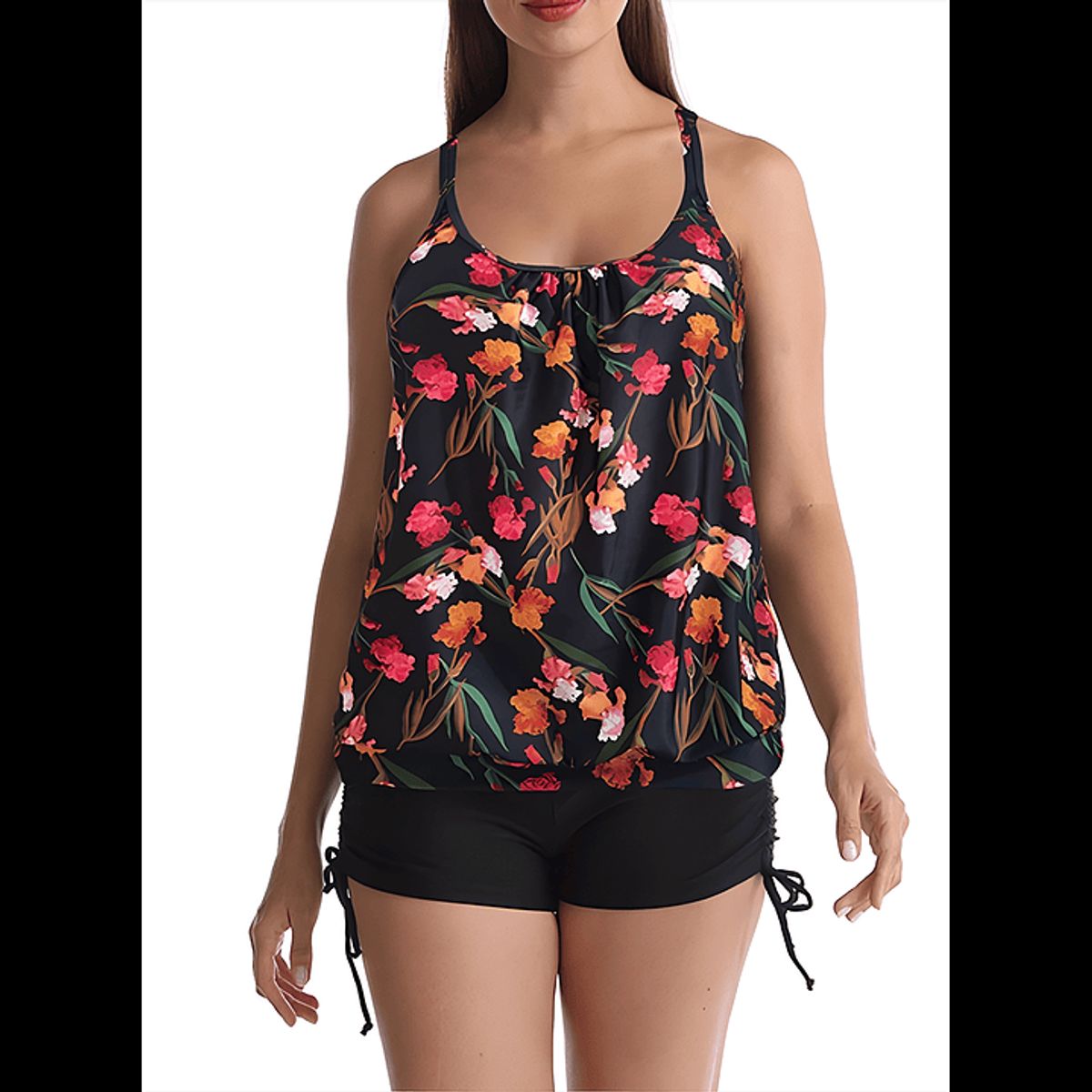 HIPSY SWIMWEAR - Tankini Mujer tiro alto sport Negro Floral Hipsy