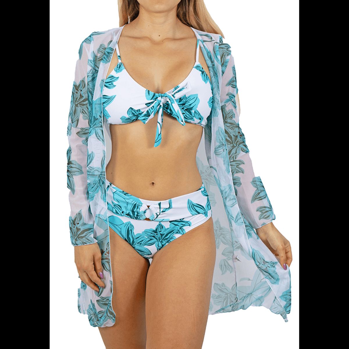 HIPSY SWIMWEAR - Bikini tiro Medio Cairo Blanco hojas + Kimono Hipsy