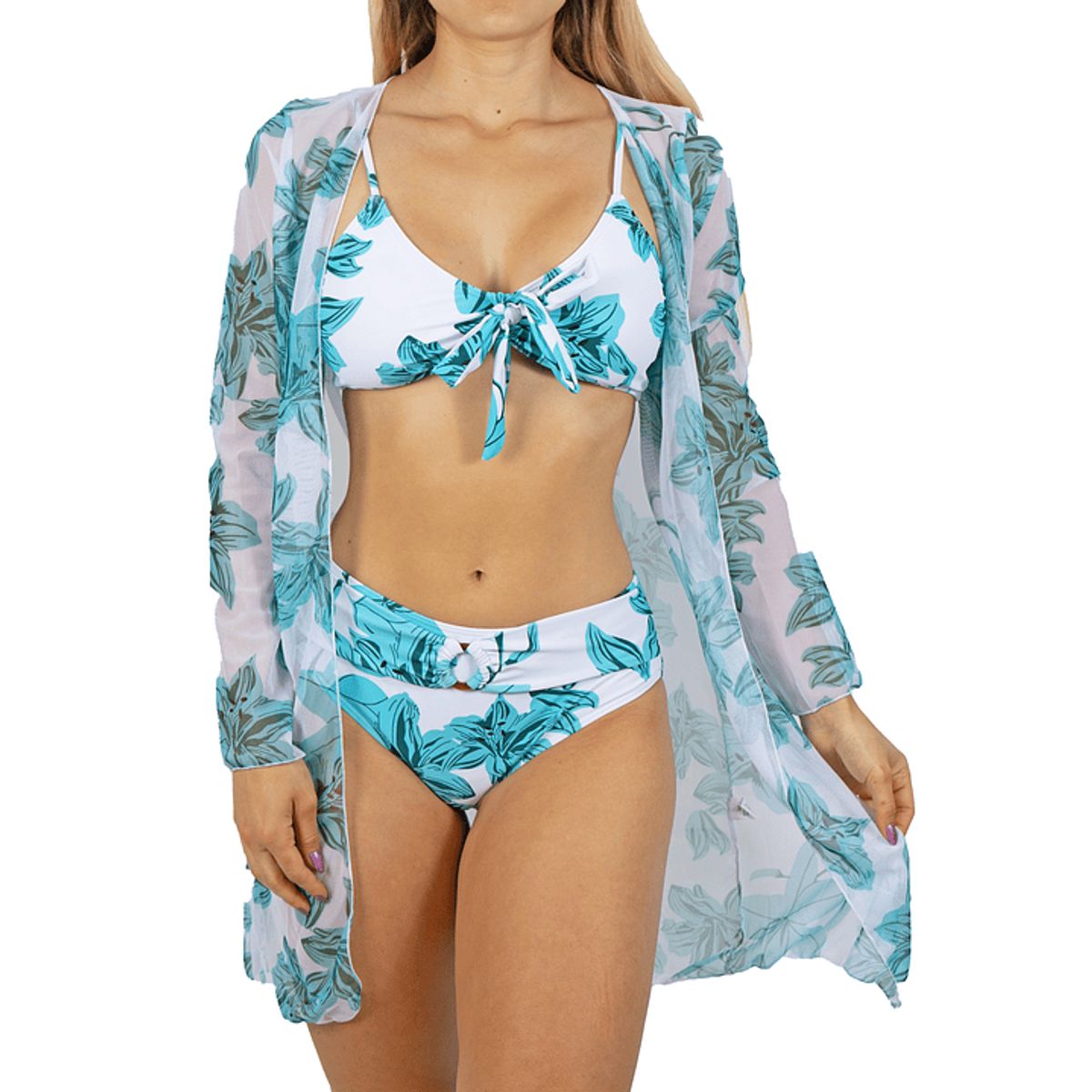 HIPSY SWIMWEAR - Bikini tiro Medio Cairo Blanco hojas + Kimono Hipsy
