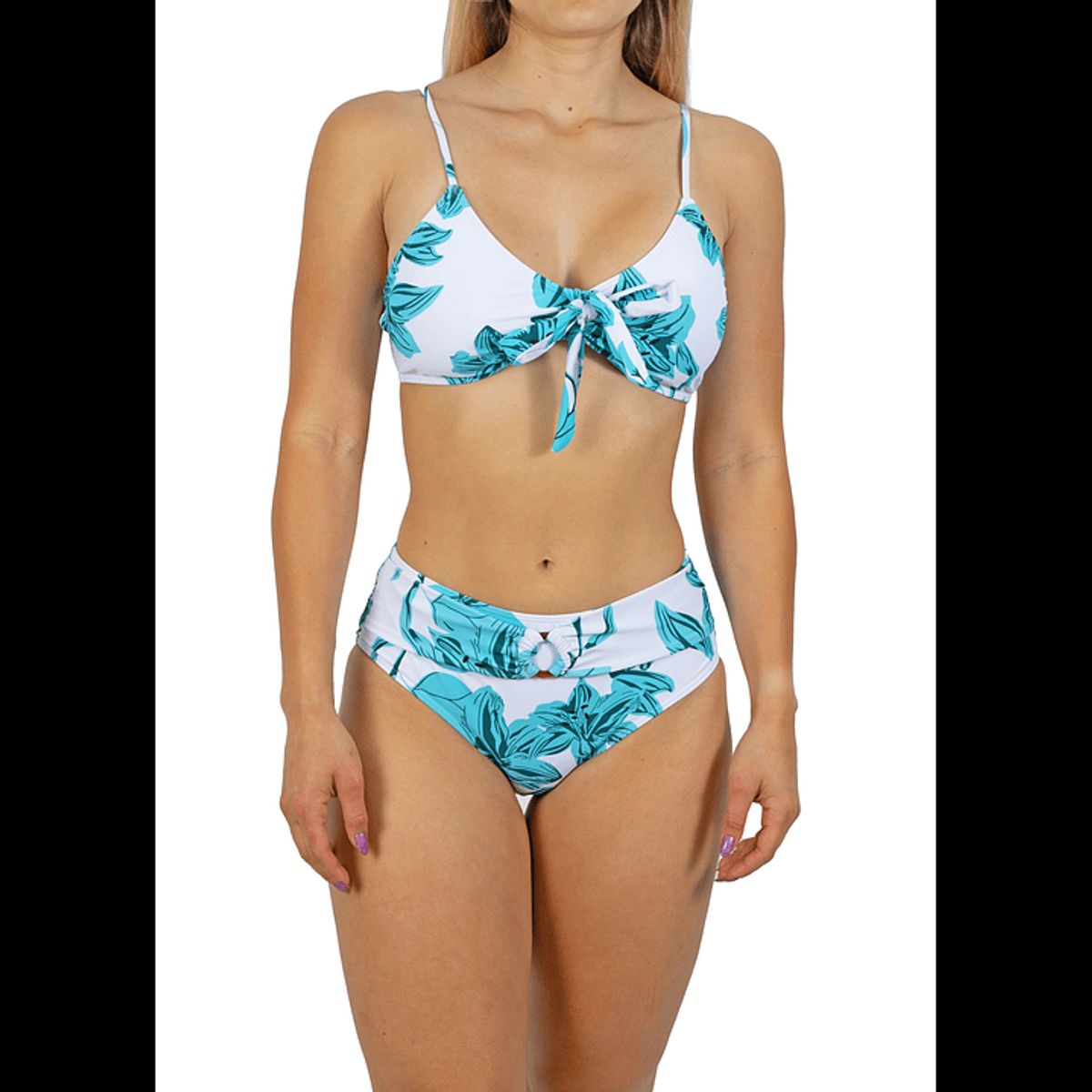 HIPSY SWIMWEAR - Bikini tiro Medio Cairo Blanco hojas + Kimono Hipsy