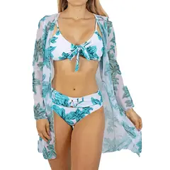 HIPSY SWIMWEAR - Bikini tiro Medio Cairo Blanco hojas + Kimono Hipsy