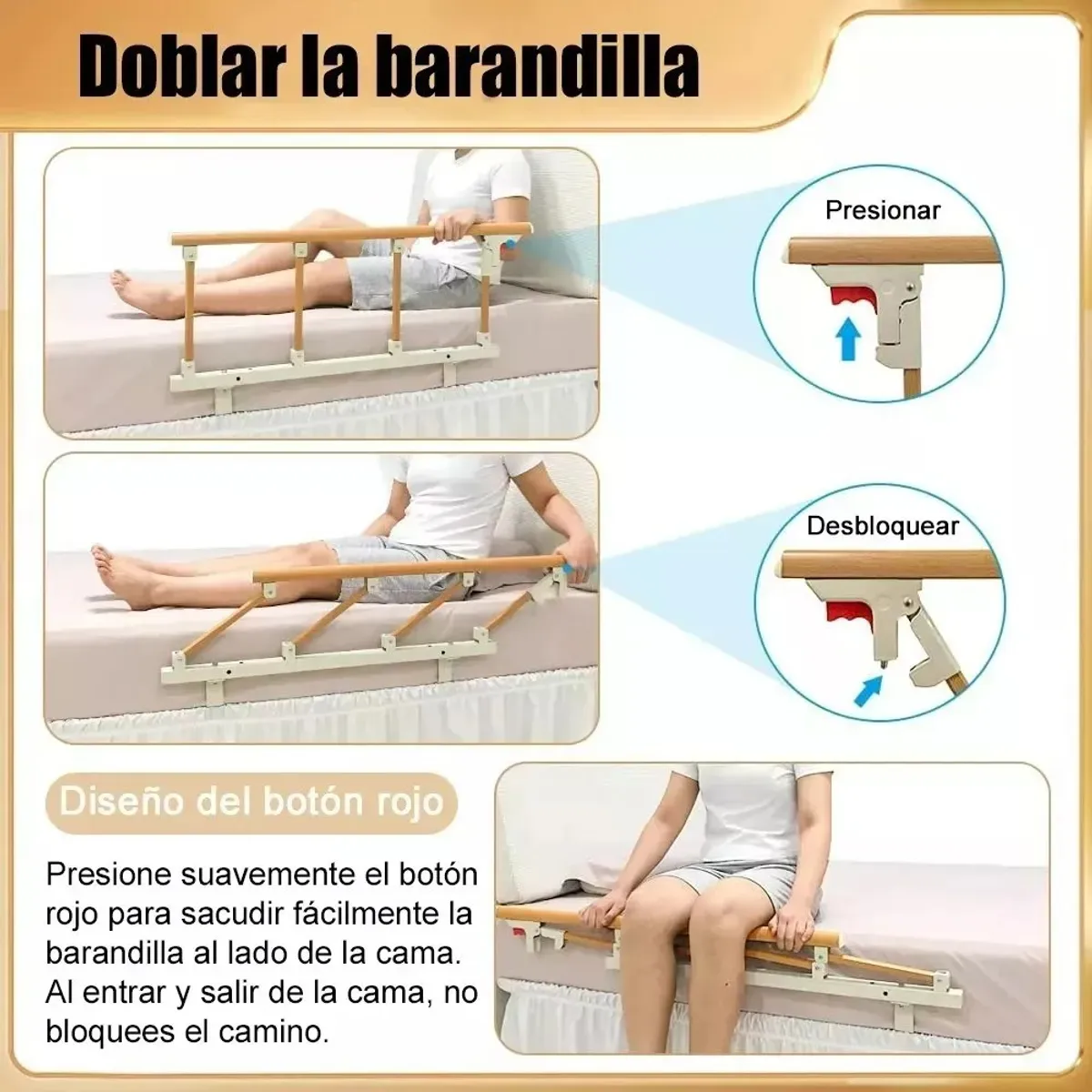 GENERICO - Baranda De Cama Lateral Anticaída Para Cuidado Adulto Mayor Marrón Claro Lisa
