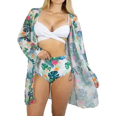 HIPSY SWIMWEAR - Bikini tiro alto Mujer top cruzado Verde floral + kimono Hipsy