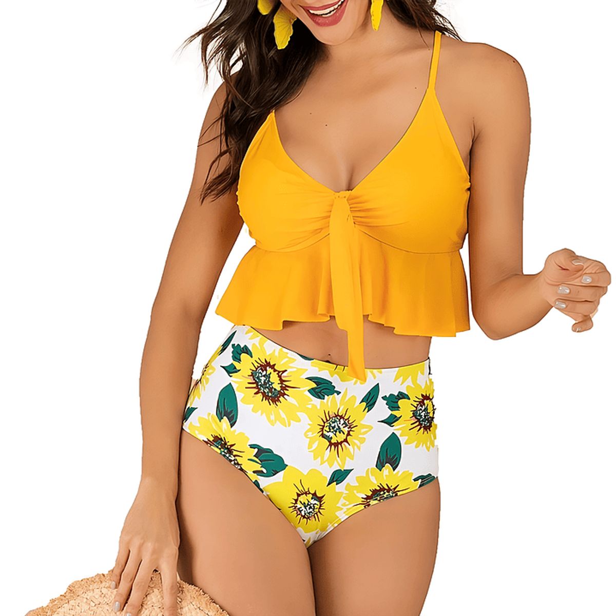 HIPSY SWIMWEAR - Bikini tiro alto Mujer Top Ruffle Yellow Hipsy