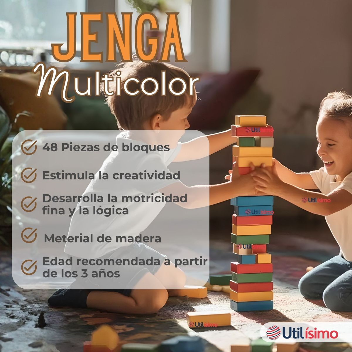 UTILISIMO - Jenga Juego De Mesa 48 Piezas Multicolor Madera Original