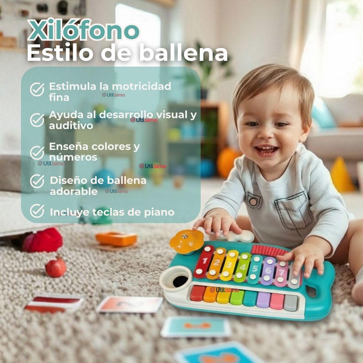 JUMP KIDS - Juguete Xilófono Piano 5 en 1 Bebé Niña Niño Interactivo Notas Multicolor