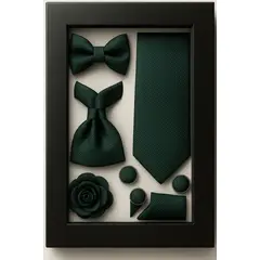 XPRESS RECHARGE - Set de Accesorios para Hombre Verde Oscuro Corbata Corbatín Pañuelo Flor y Colleras