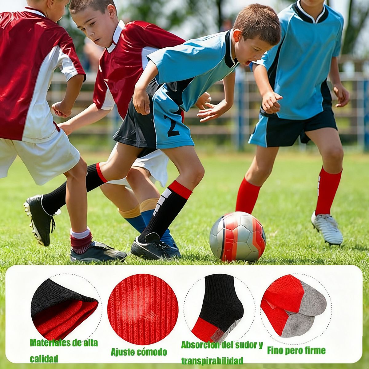 EINICIO - 2 Pares De Calcetines De Fútbol Calcetines Deportivos-Rojo