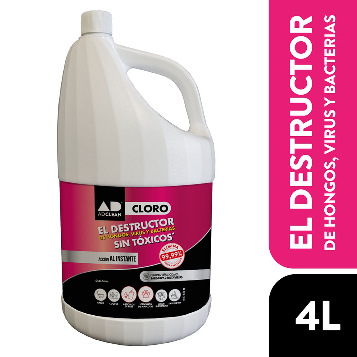 ADCLEAN - CLORO 4L   EL DESTRUCTOR DE HONGOS VIRUS Y BACTERIAS