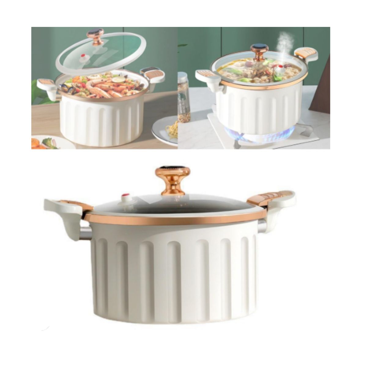 GENERICO - Olla de Micro Presión Roman  - 10 Litros, 28 cm, Diseño Lujo Color Beige y Tapa de Vidrio