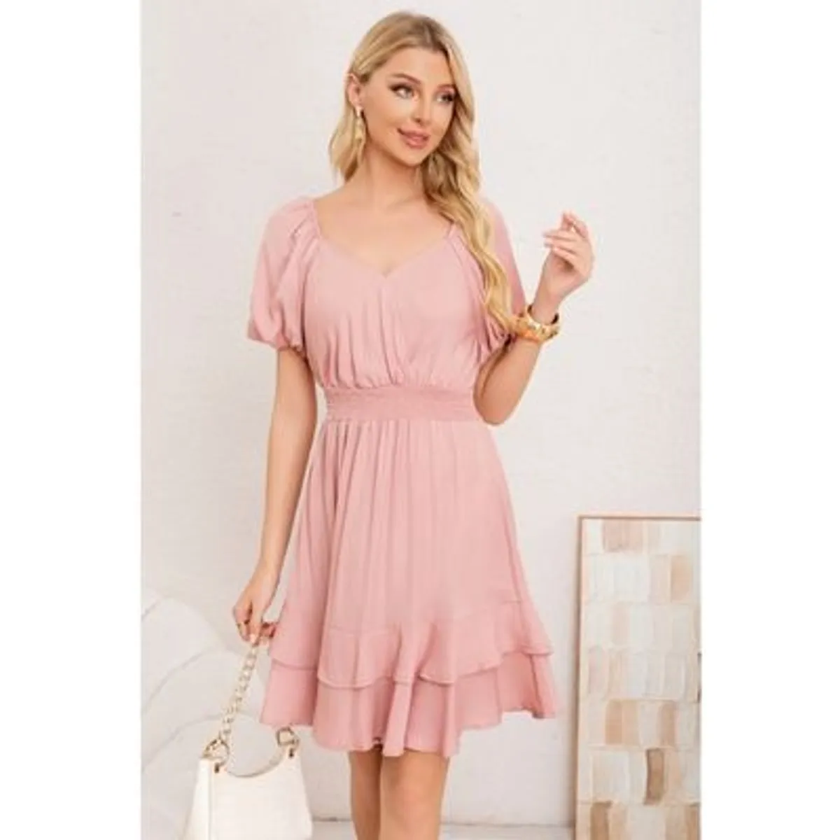 LIKE SHOP - Vestido Corto Mujer Verano Manga Corta Globo Cuello V 3366