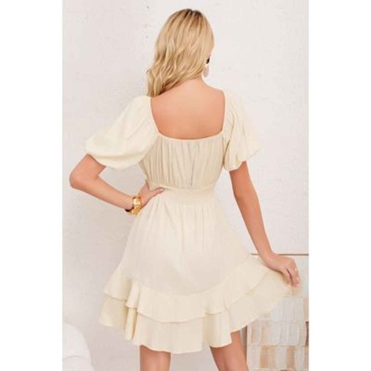 LIKE SHOP - Vestido Corto Mujer Verano Manga Corta Globo Cuello V 3366