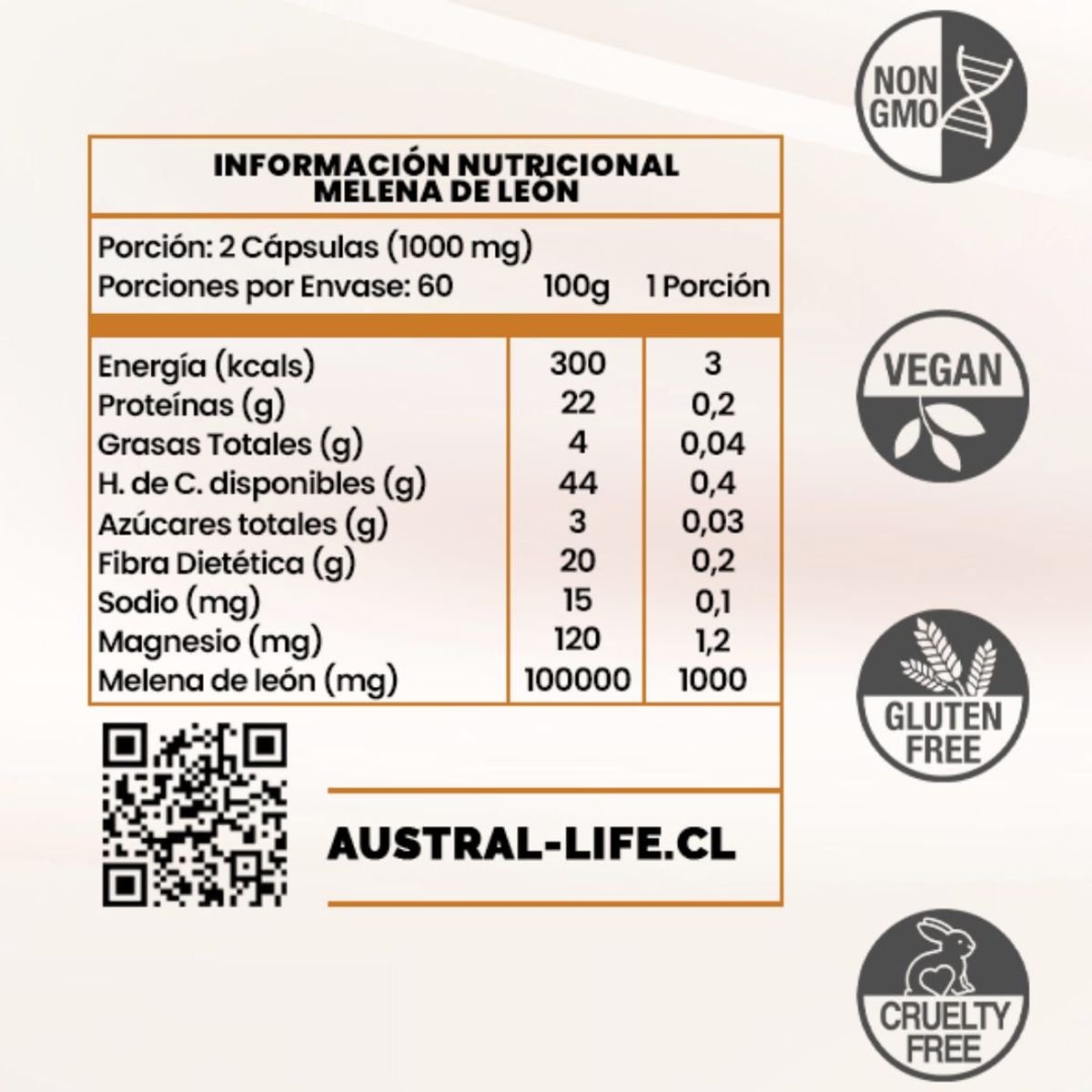 GENERICO - Melena de Leon 1000mg– 120 Cápsulas-Austral Life