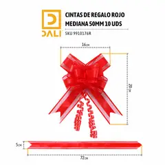 DALI - Cintas de Regalo 50mm Rojo – Pack 10 Unidades - Precortadas-Estirables