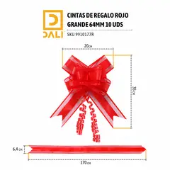 DALI - Cintas de Regalo 64mm Rojo – Pack 10 Unidades - Precortadas-Estirables