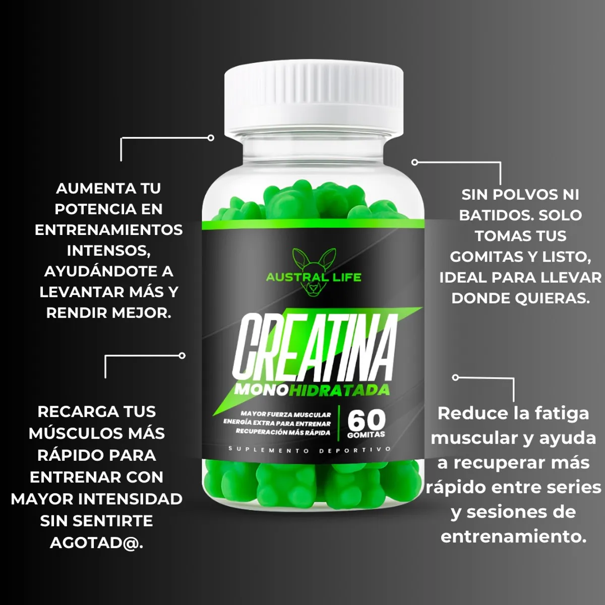 AUSTRAL LIFE - Creatina Monohidratada 5000mg – Sabor Manzana – 60 Gummies-Austral Life