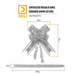DALI - Cintas de Regalo 64mm Plateado – Pack 10 Unidades - Precortadas-Estirables